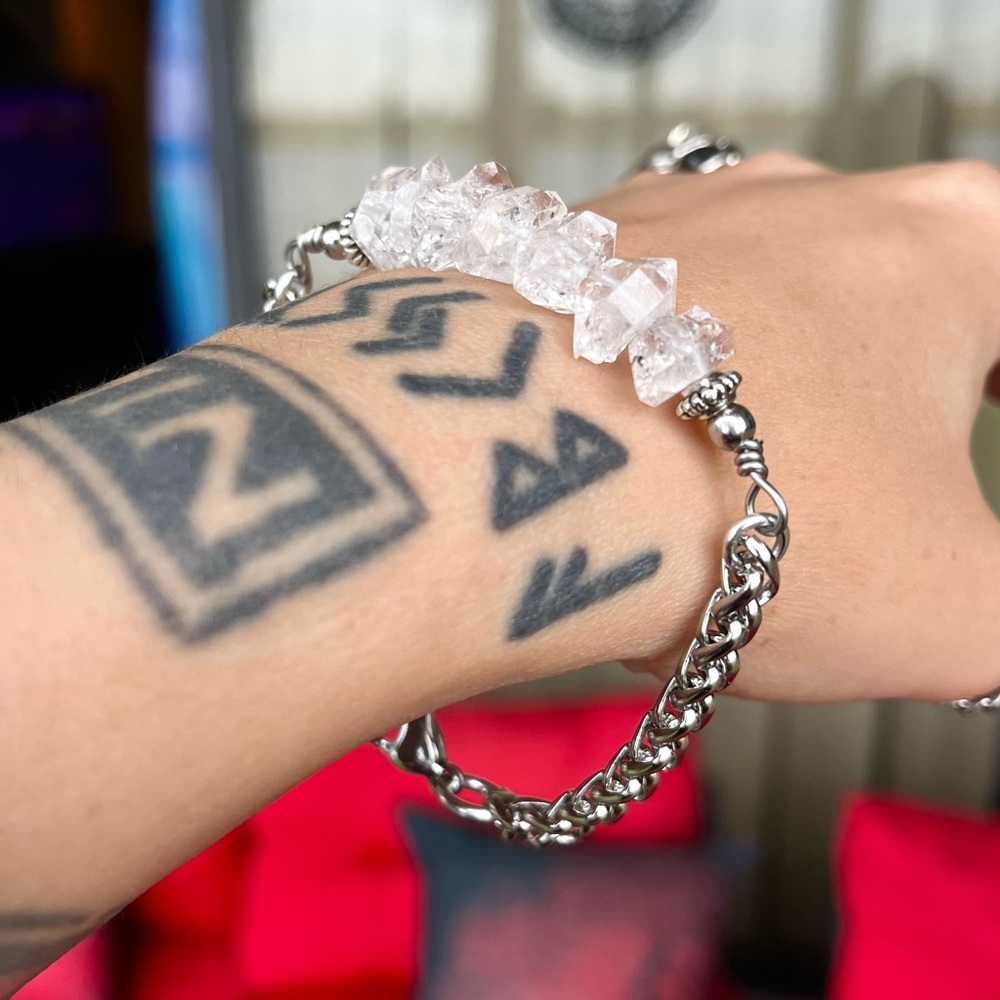 ✨ 7 big genuine herkimers diamonds stainless steel wheat chain crystal bracelet - Picture 4 of 14